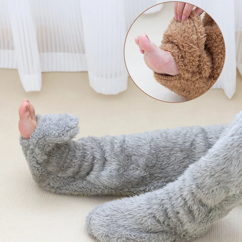 Meias monocromáticas sobre o joelho para mulheres, fofo, meia grossa de perna difusa, velo coral, aquecedores de pelúcia para os pés do sono, inverno quente