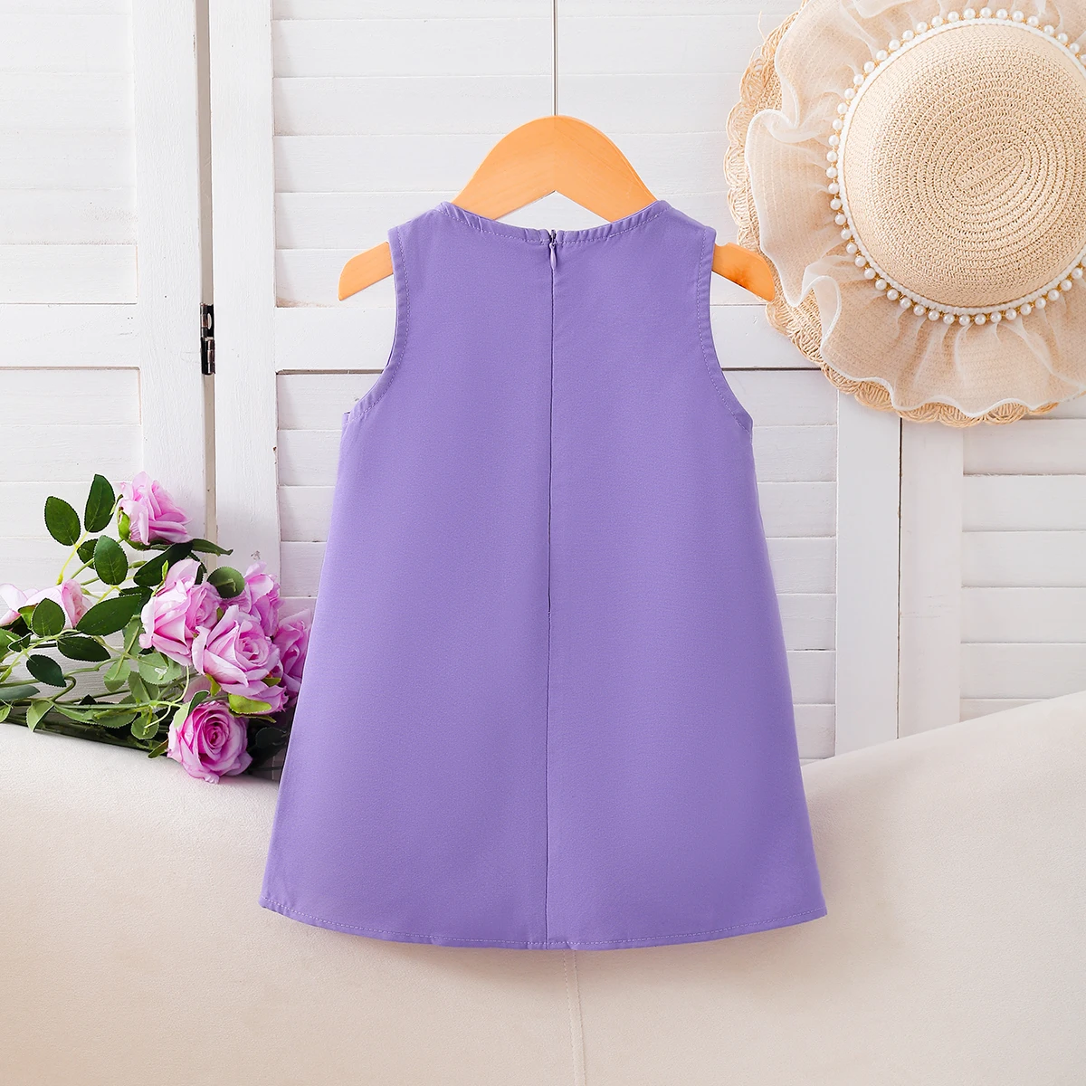 Girls Purple Sleeveless Dress with Butterfly Knot Decoration Plaid Patchwork Skirt for Kids