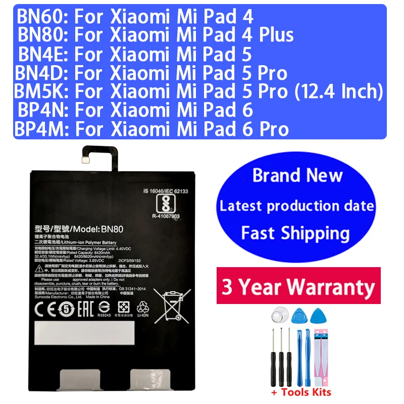 2026 Years 100% New High Quality Fast Shipping  Battery For Xiaomi Mi Pad Tablet 6 5 4 Pro Plus Bateria BN60 BN4E BN80 +Tools