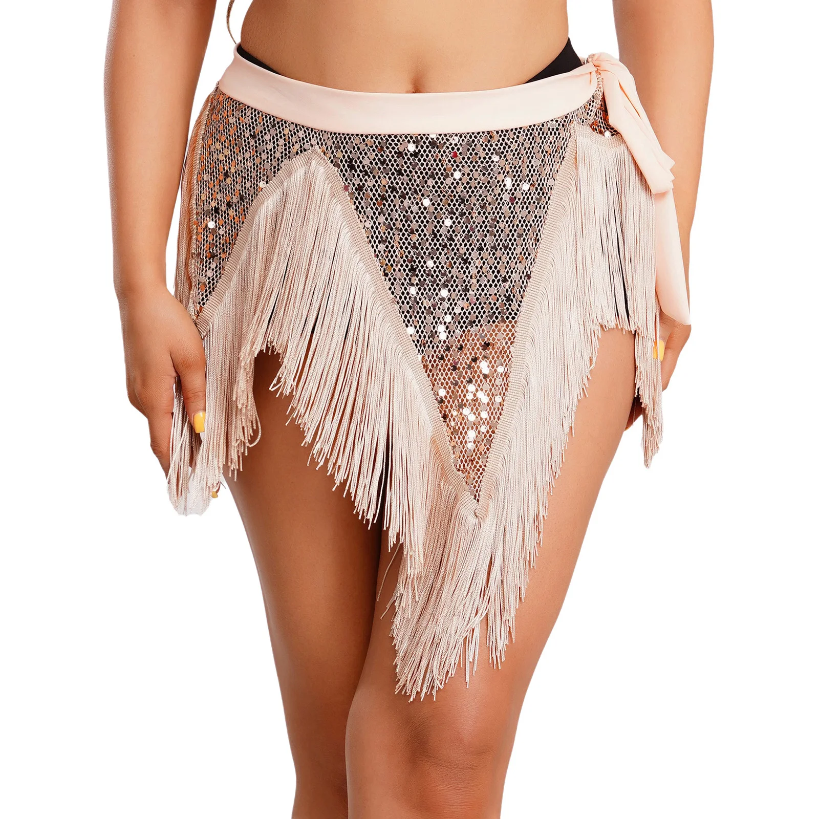 

Женская юбка-шарф для танца живота, блестящая сетка с блестками, сетчатая юбка с кисточками на шнуровке на талии, одежда для латинских танцев живота
