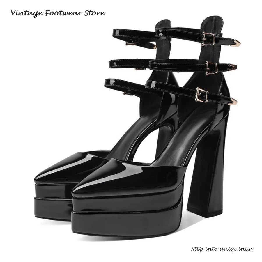 

Vintage Burgundy Pointy Platform Pumps Women's Heigh Increasing Mary Jane Shoes Buckle Strap Chunky Heel Fashion Runway Sandals