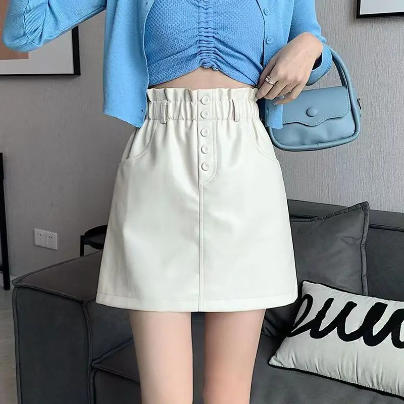 

Осень-зима юбка из искусственной кожи женская короткая мини-юбка однотонная эластичная с высокой талией тонкая однобортная клубная вечеринка