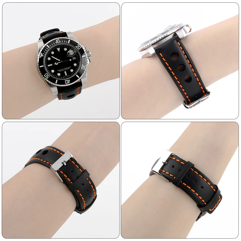 Onthelevel Watch Band 19mm 20mm 21mm 22mm Three Hole Square Tail Watch Strap Quick Release Black Wristband Steel Buckle