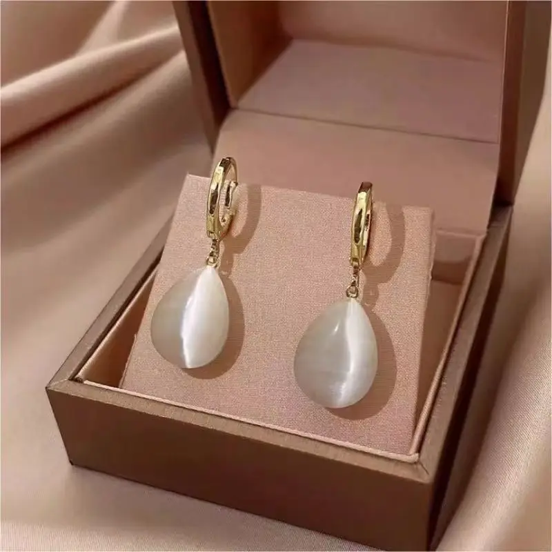 1 Pair Minimalist Elegant Teardrop Double-Sided Cat Eye Stone Earrings Lightweight Luxury Versatile Style for Women Jewelry Gift