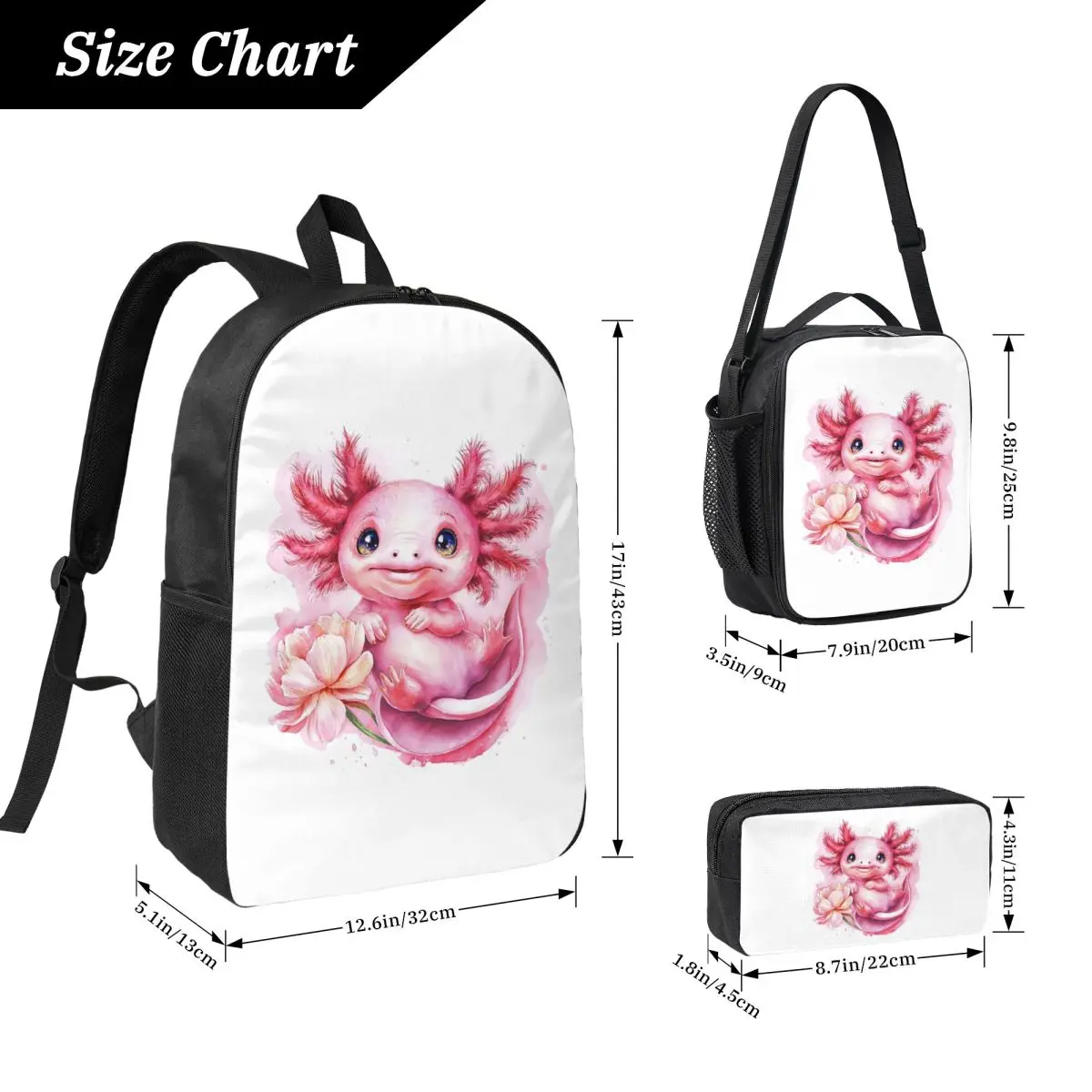 Cartoon Pink Axolotl Salamander And Pink Flowers Backpack BookBag School Bag Shoulder Bags 3ps Insulated Lunch Bag Pencil Case