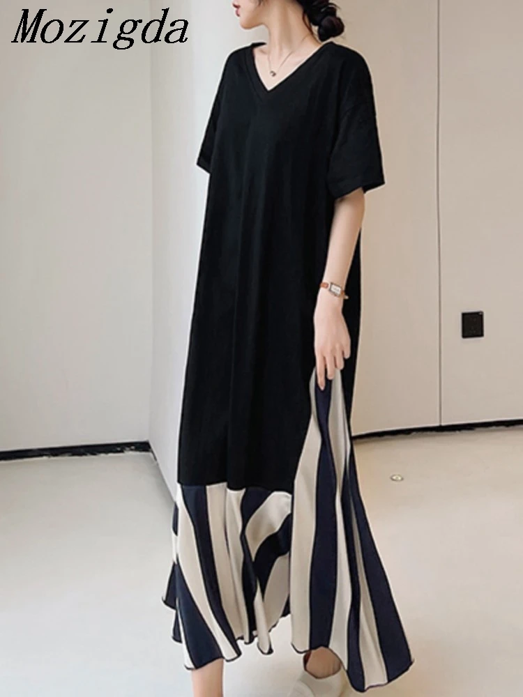 

Fake Two-piece Summer New Long Acetate Satin Stripe V-neck Short Sleeve Dress Maxi Size Clothing Fashion Women's Dress