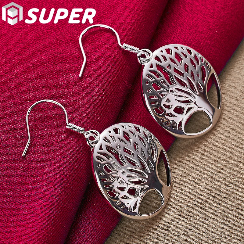 

925 Sterling Silver Circle Tree Drop Earrings Charm Women Jewelry Fashion Wedding Engagement Party Gift