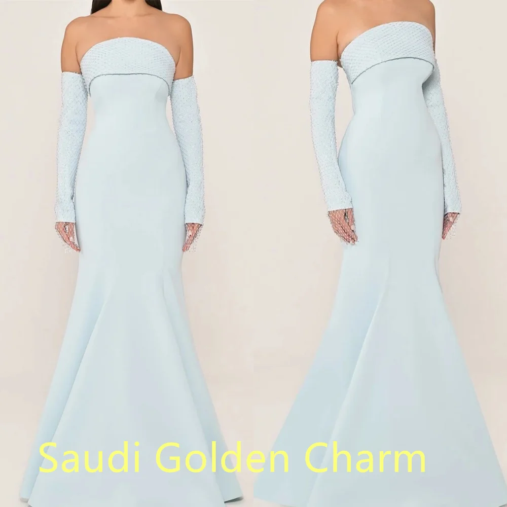 

Customized Temperament Blue Jersey Homecoming Dress Exquisite Strapless Long Sleeves Mermaid Zipper Back Customized Vestido De