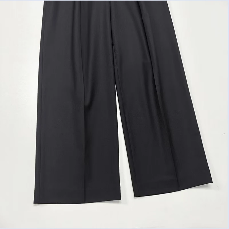 Extremely simple style color blocked waist pleated wool straight tube loose contrasting floor length trousers