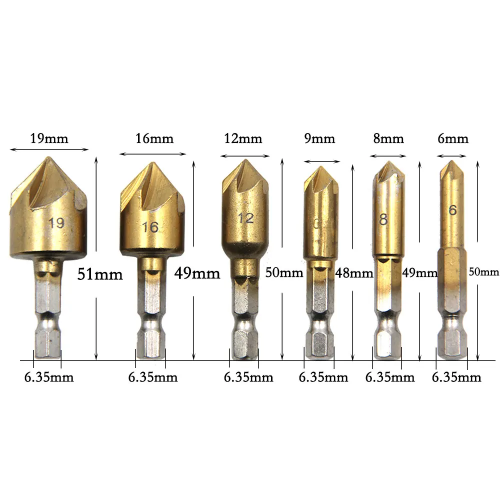 3/6pcs Countersink Drill Bit Set 1/4'' Hex Shank HSS 5 Flute Countersink 90 Degree Wood Chamfering Cutter Chamfer 6mm-19mm