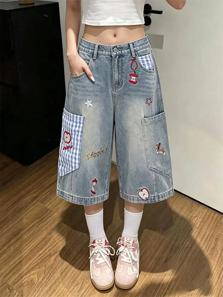 Apple plaid embroidered seven-point jeans women's summer thin lazy wide-leg straight tooling shorts trendy middle pants