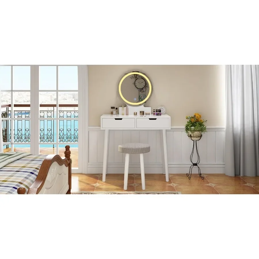 Makeup Vanity Desk Set with Touch-Control Lighted Mirror Cushioned Stool - 3-Color Dimmable Lighting - 2 Drawers Storage Dressi