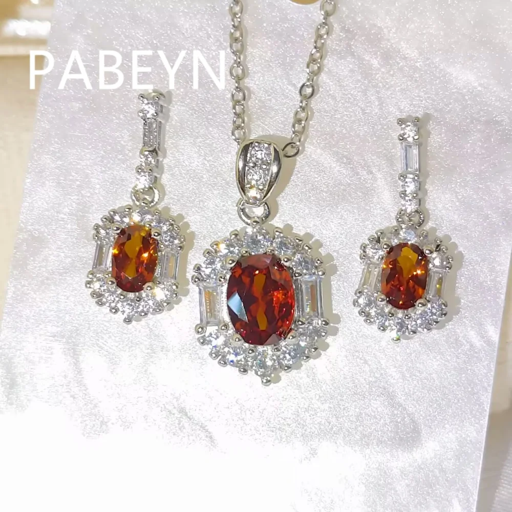 925 Sterling Silver Stylish Vintage Red Oval Zircon Necklace Ring Earrings Three-piece Birthday Party Gift Ladies Jewelry