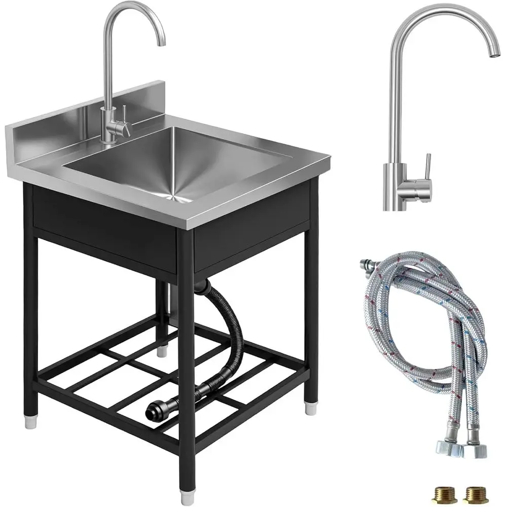 

Laundry Room Freestanding Stainless Steel Utility Sink,Kitchen Single Bowl Sink with Cold and Hot Water Faucet,Commercial Prep S