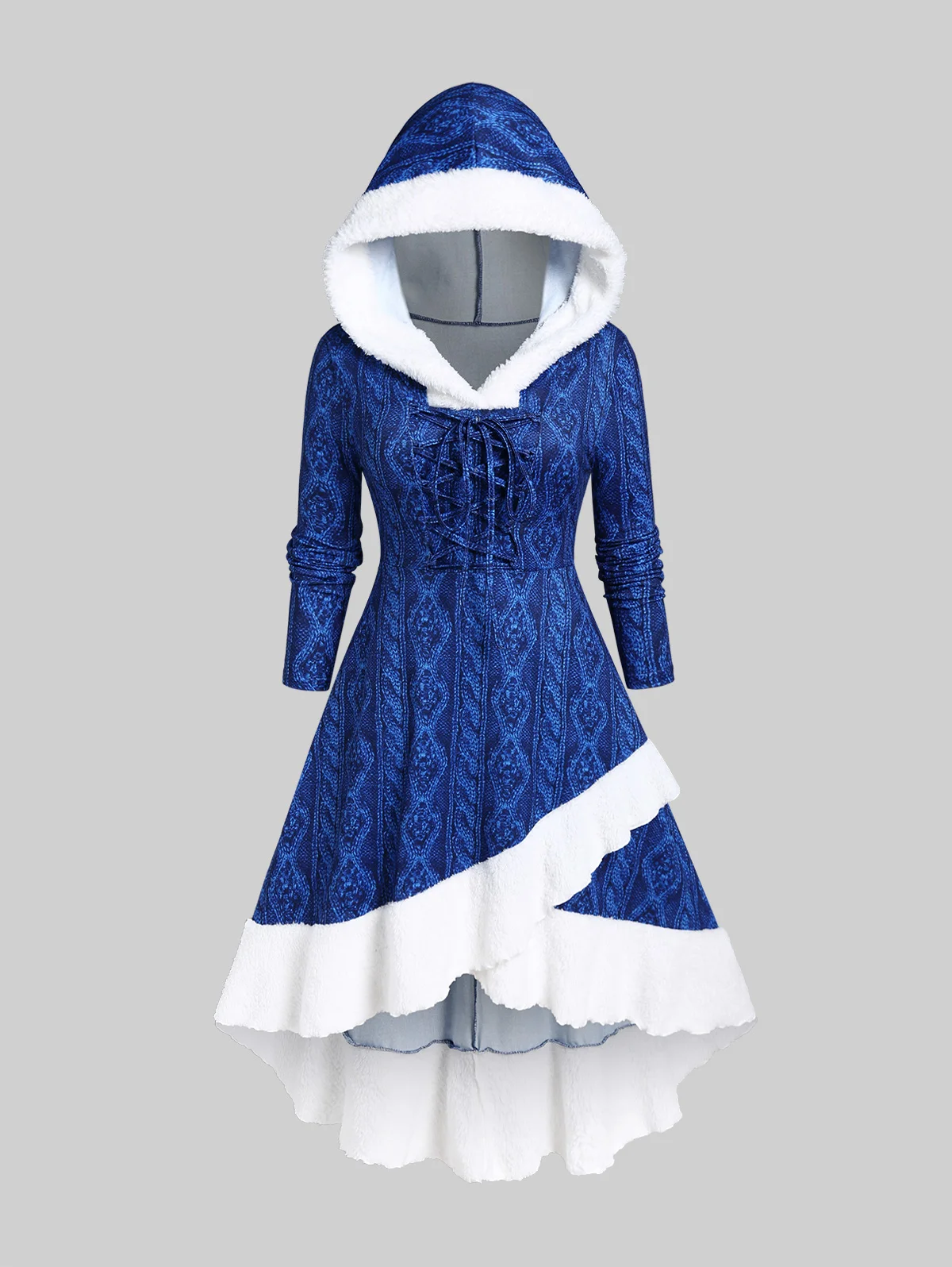 

ROSEGAL Plus Size Women's Cable Knit Print Fluffy Trim Dresses Blue Hooded Lace-up Long Sleeve Asymmetrical Winter Dress Vestido