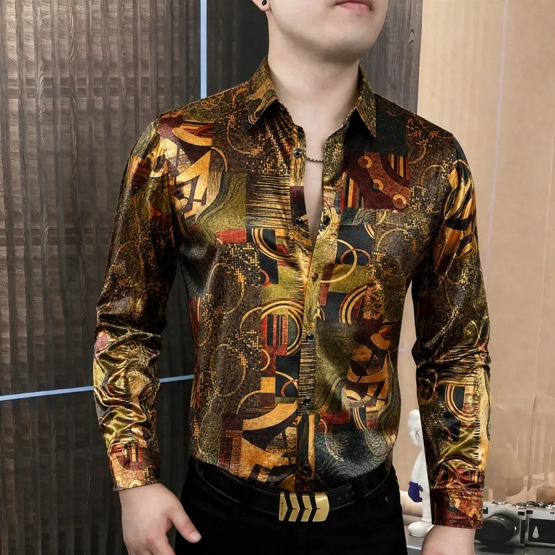 Luxury Gold Retro Printed Long Sleeved Shirt for Men's Slim Fit Trend Casual Shirt Social Business Office Shirts Men Clothing