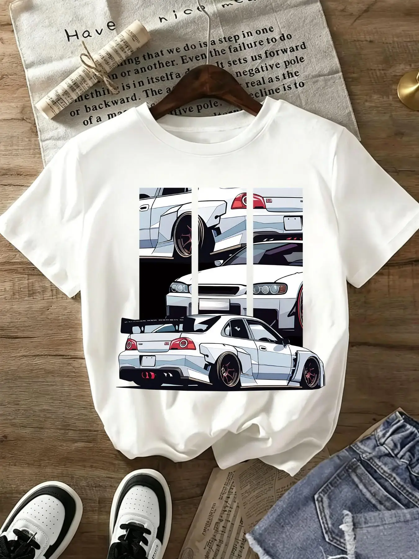 Women's Vintage Racing Style JDM Wide Body Car Print T-Shirt Soft Breathable Casual Loose Fit Tee