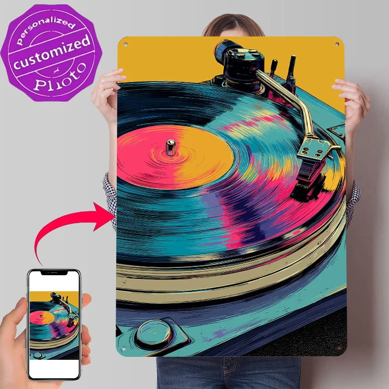 Turntable With Vinyl Record Personalized 3D Textured Metal Poster Wall Art Vintage Tin Signs for Modern Home Decoration Luxury