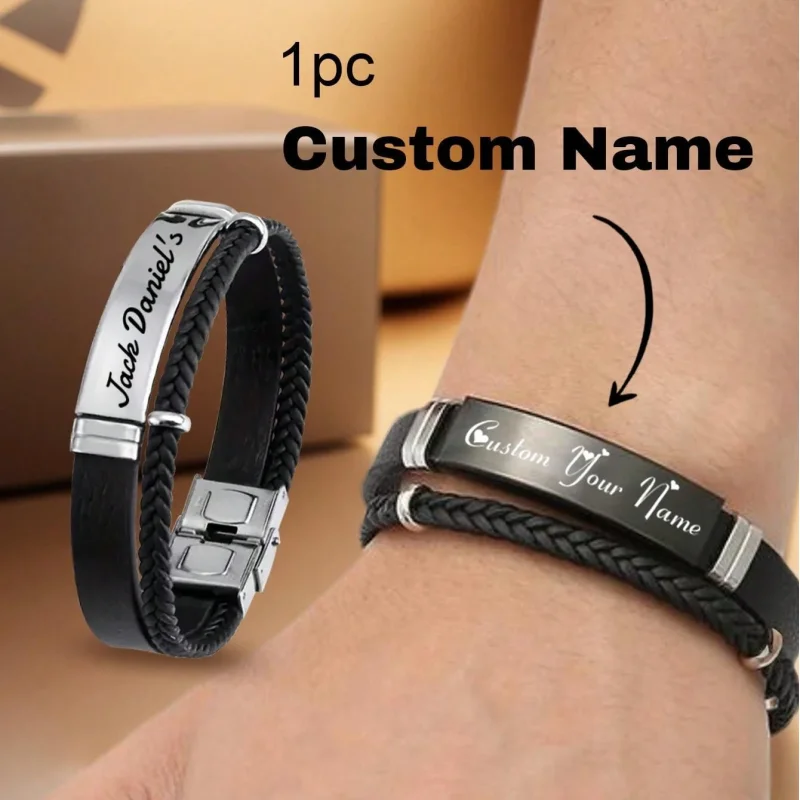 Individuell graviertes Namensarmband aus geflochtenem Seil aus Edelstahl, personalisiertes, graviertes, gedrehtes, geflochtenes Lederarmband mit Textseil