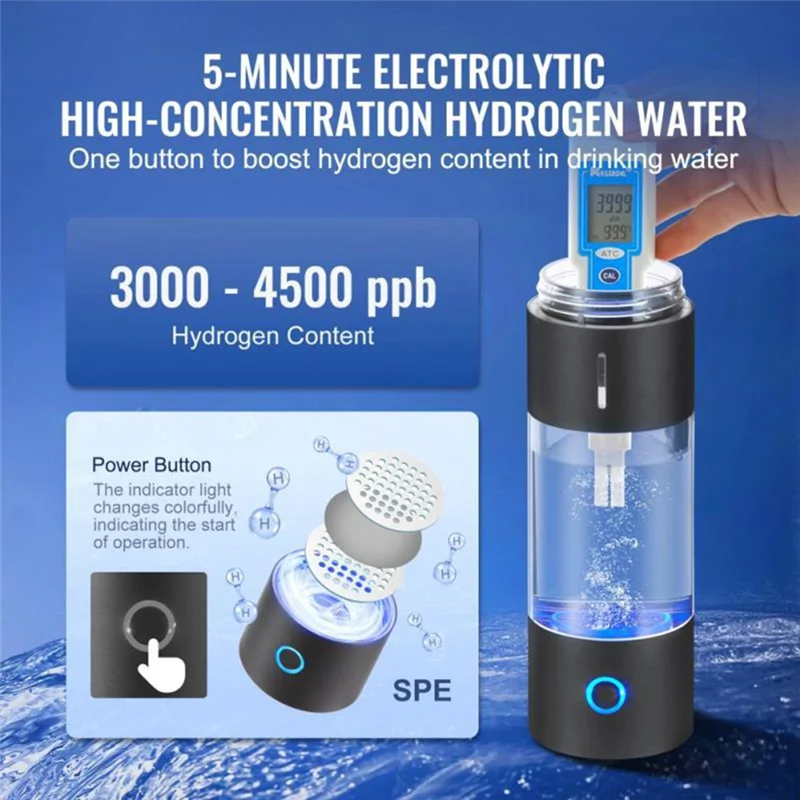 HGFLE-Hydrogen Water Bottle 1400PPB Hydrogen Water Bottle Generator 460Ml Portable Electrolysis Machine For Home Office