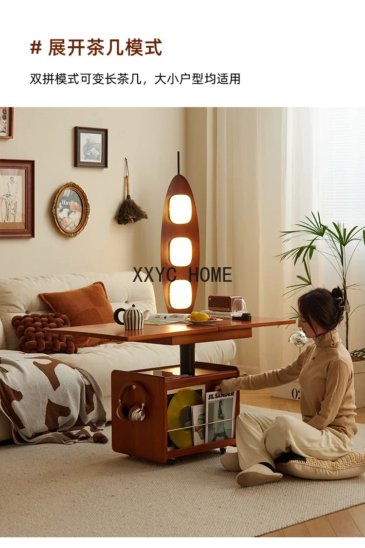 Solid Wood Lifting and Foldable Coffee Table Movable Side Table Trolley Tea Table Side Cabinet Multi-Function with Wheels image 5
