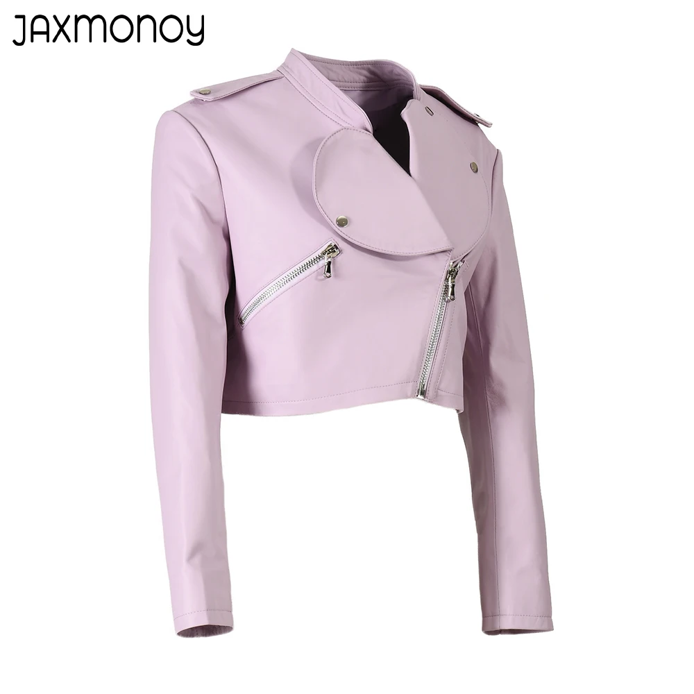 Jaxmonoy-Chaqueta de cuero auténtico con cremallera para mujer, abrigo corto de piel de oveja a la moda para primavera y otoño, novedad de 2023