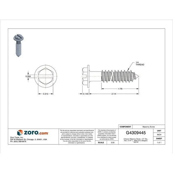 Ultracon Masonry Screw, 1/4