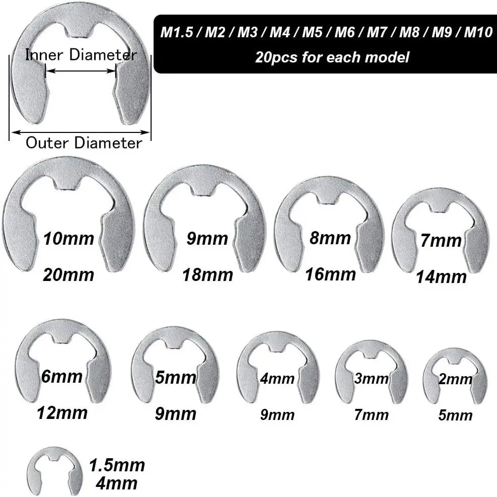 200PCS E Type Circlip Set, 304 Stainless Steel Shaft Retaining Washers, External E Clips 1.5mm to 10mm with Storage Box