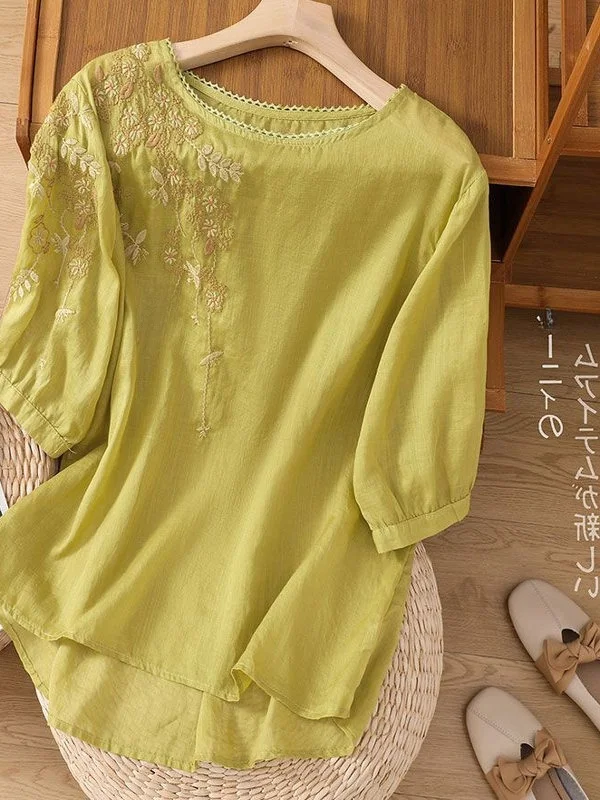 Été 2025 nouveau rond Ne irt mince coton lin broderie Art minceur Vintage ample ort Sve t-shirt petit irt