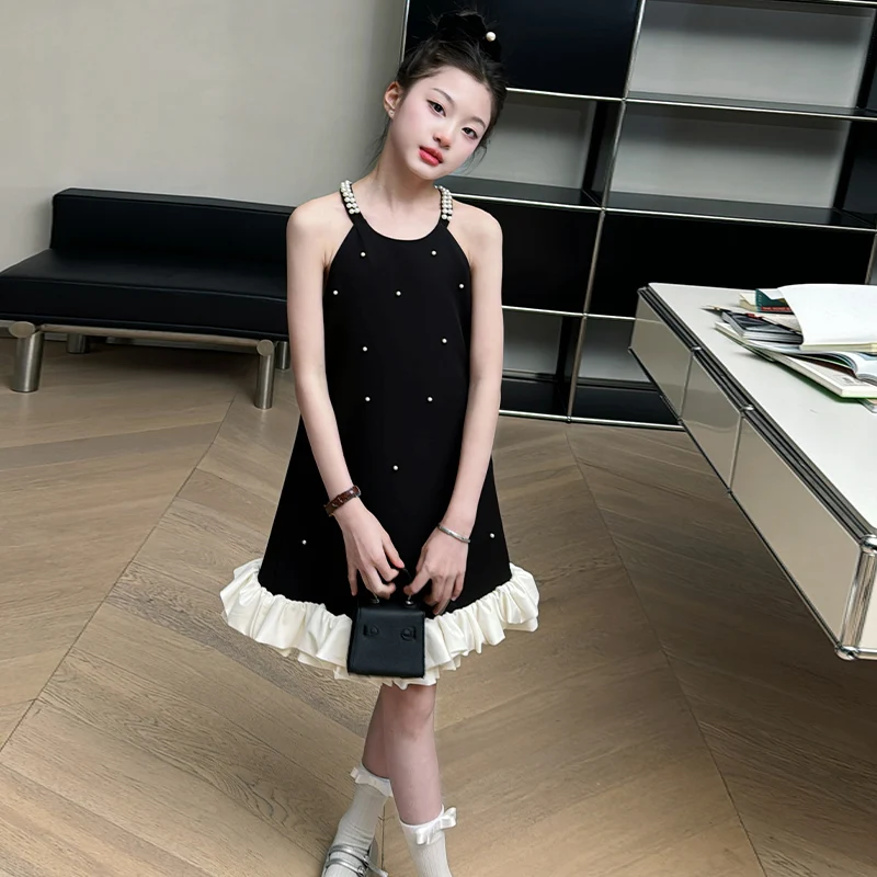 

kids design clothes girls prom dresses 2024 summer black Handmade sewn beads Lotus leaf hem vestido infantil menina 10 a 12 anos