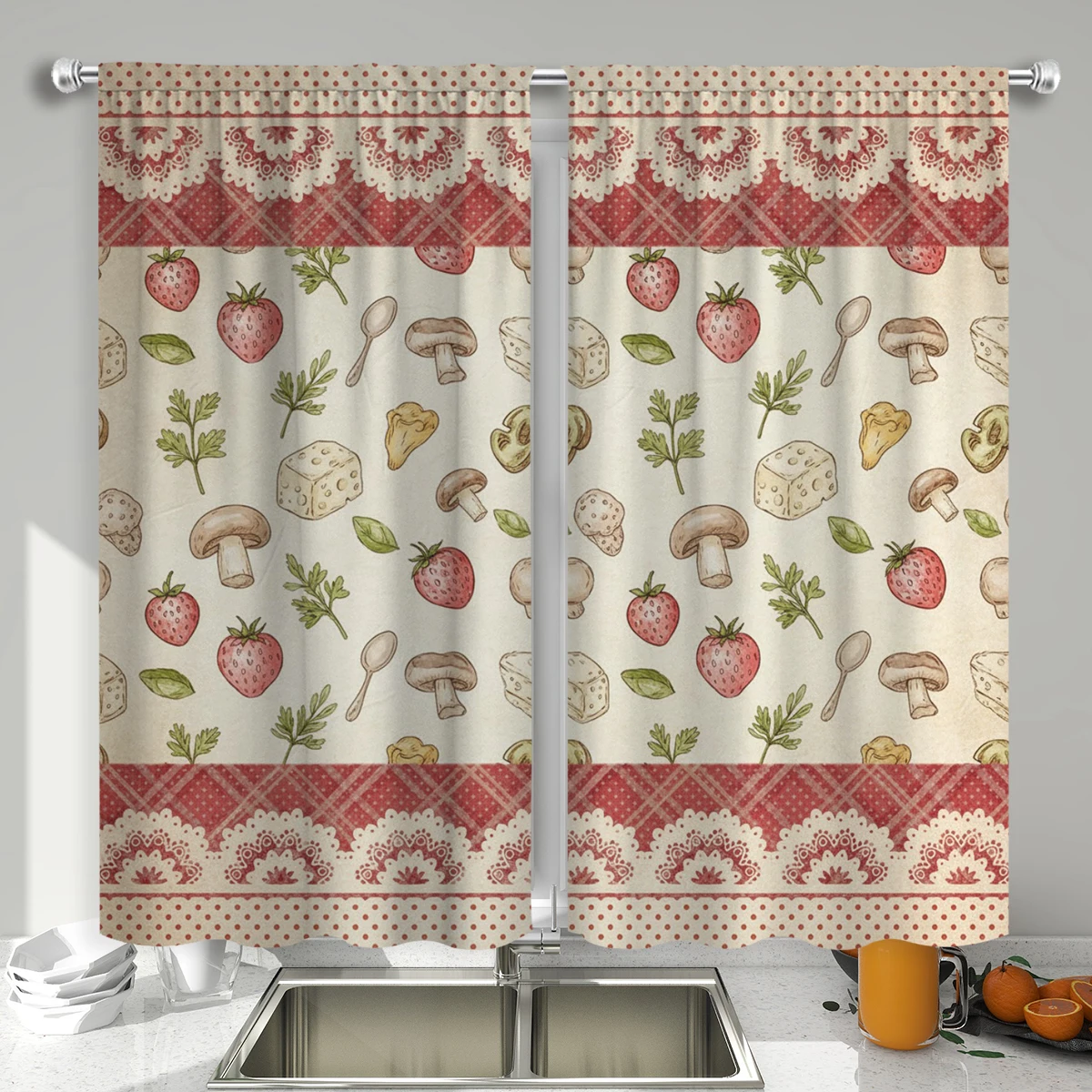 Cortinas de Cocina con Estampado de Fresas y Hongos, Cortinas de Tela con Estampado Digital 2D y Ribete de Encaje Retro para Decoración de Cocina