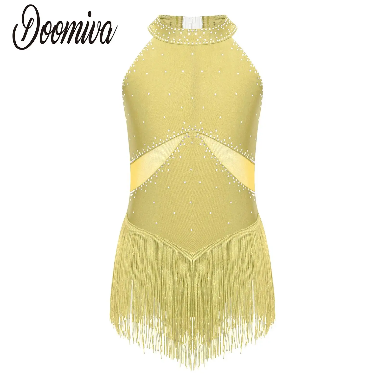 

Girls Leotard Latin Tango Jazz Salsa Dance Dress Performance Costume Rhinestones Sheer Mesh Patchwork Tassel Bodysuit Dresses