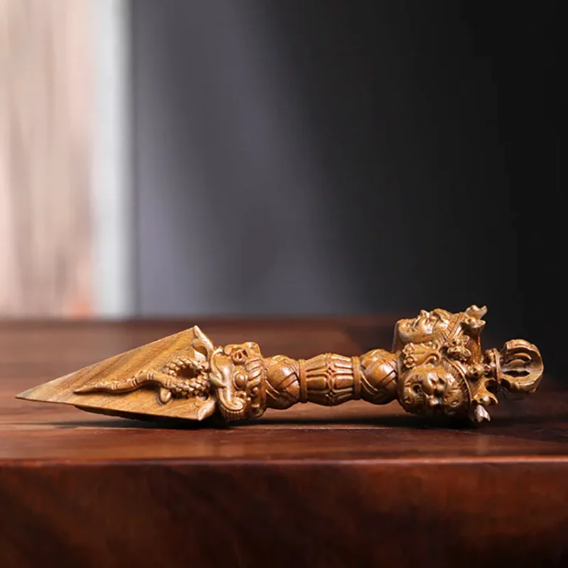 YZ255 - 15X3.6X3.6 CM Vajra Pestle Green Sandalwood Sculpture Wood Carving Gada Mallet Statue Buddha