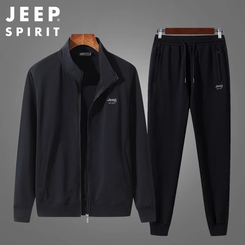 JEEP SPIRIT-traje de algodón para hombre, pantalones de manga larga, cárdigan transpirable de Color puro, ropa deportiva, conjunto Simple de dos