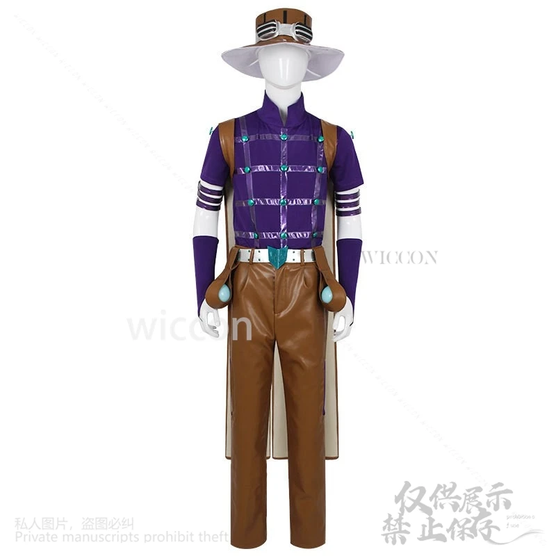 Sbr Anime Jo Cosplay NUOVO Bizzarro Costume Gyro Zeppli Pantaloni Pu Sexy Collant Viola Abiti da gara Mantello Cappello Parrucche Puntelli Personalizzati