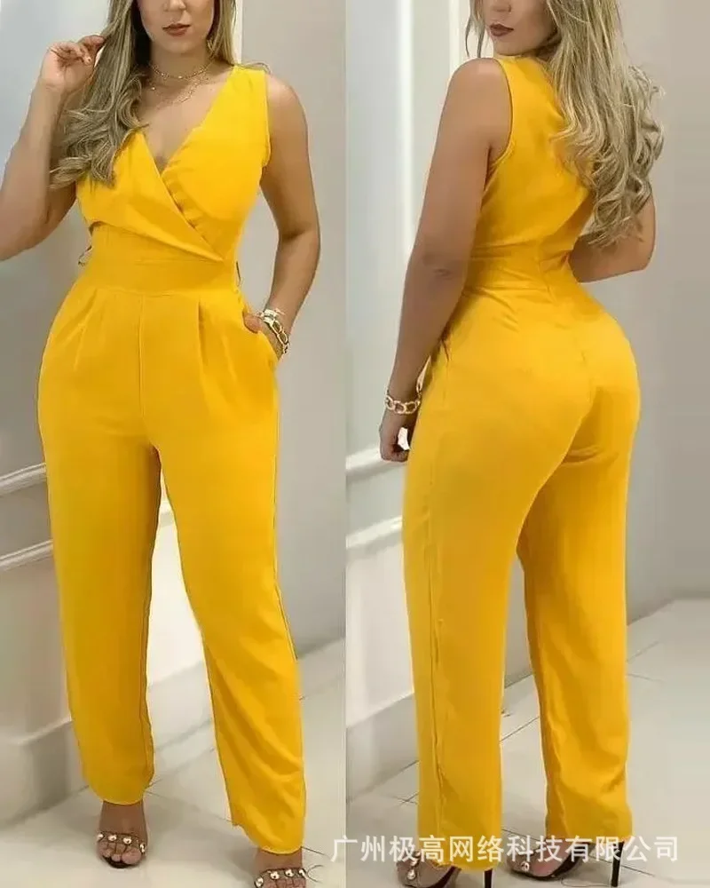 Sleeveless Pocket Design V-neck Work Jumpsuit Women Spring Summer 2024 New Overall Pants Jumpsuits High Waist Solid Color