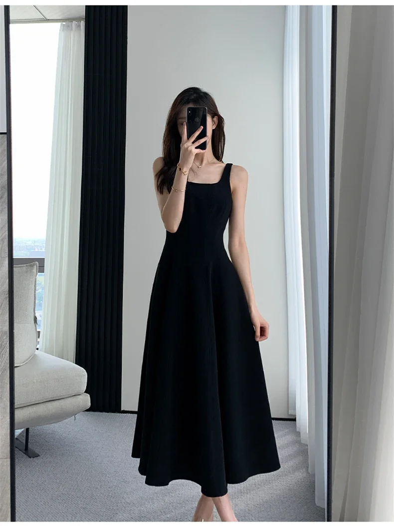 

French Style Black Spaghetti Strap Female Dresses Summer Slim Waist Elegant Evening Women's Dresses Birthday Party Dress E3899