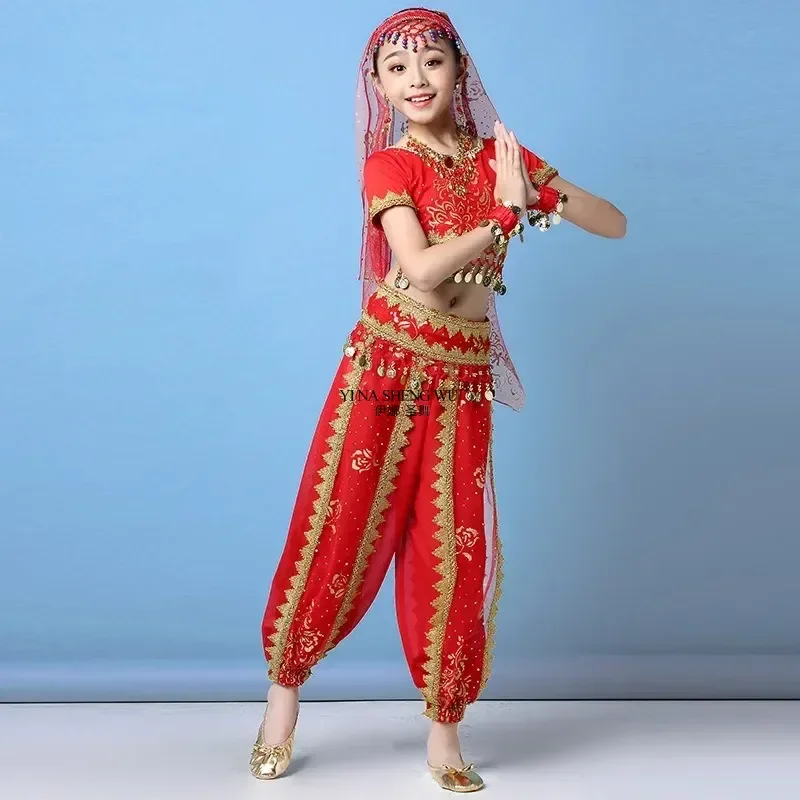 

Детский комплект костюмов для танца живота, детский комплект в Болливуде, Египет, индийский танец, шифоновый наряд, брюки с короной, 4 цвета, комплект для выступлений для девочек