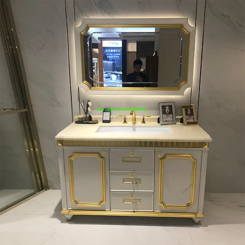 European Light Luxury Bathroom Cabinet Combination Washstand Double Basin Oak Integrated Basin Bathroom Cabinet Nordic Smart