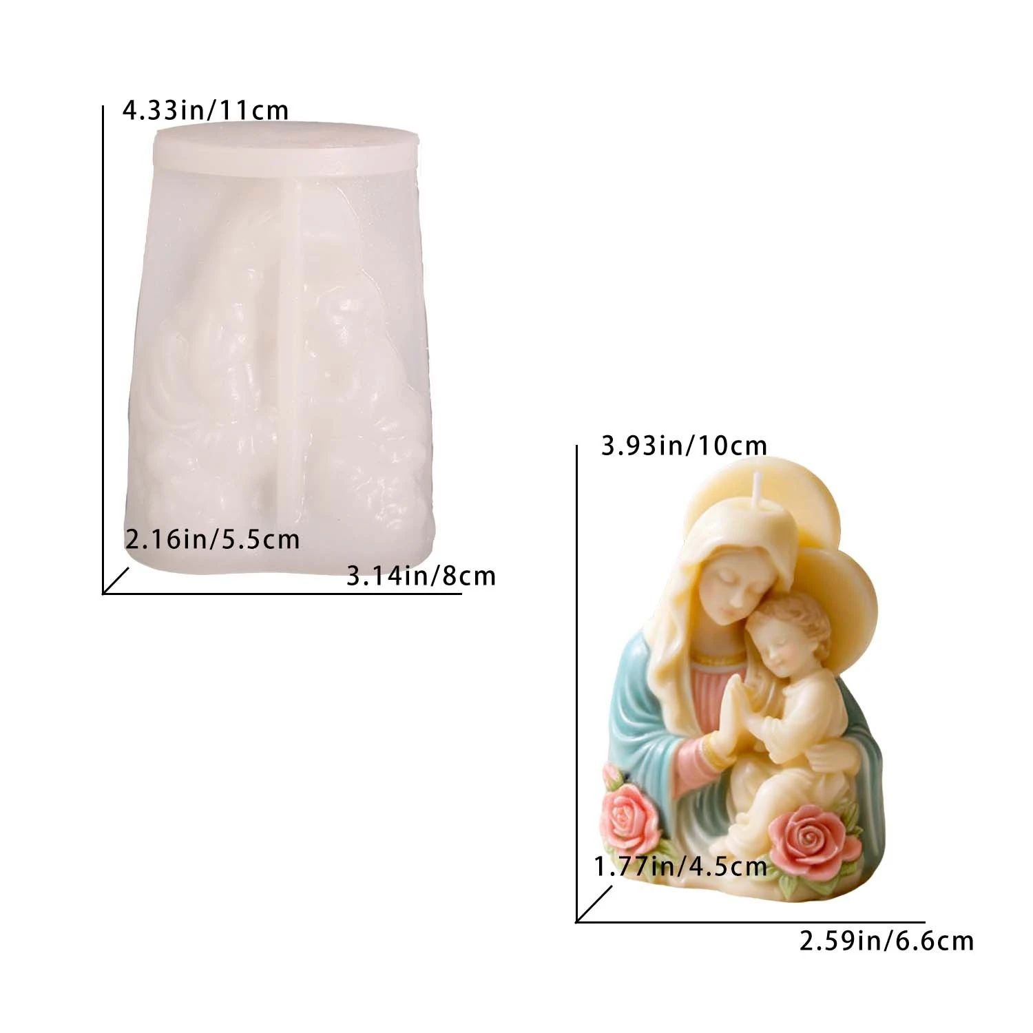 Molde de Silicone 3D Virgem Maria e Menino Jesus para Velas, Sabonetes e Resina com Detalhes de Rosas, Sagrado Coração, Decoração de Páscoa e Natal para Casa