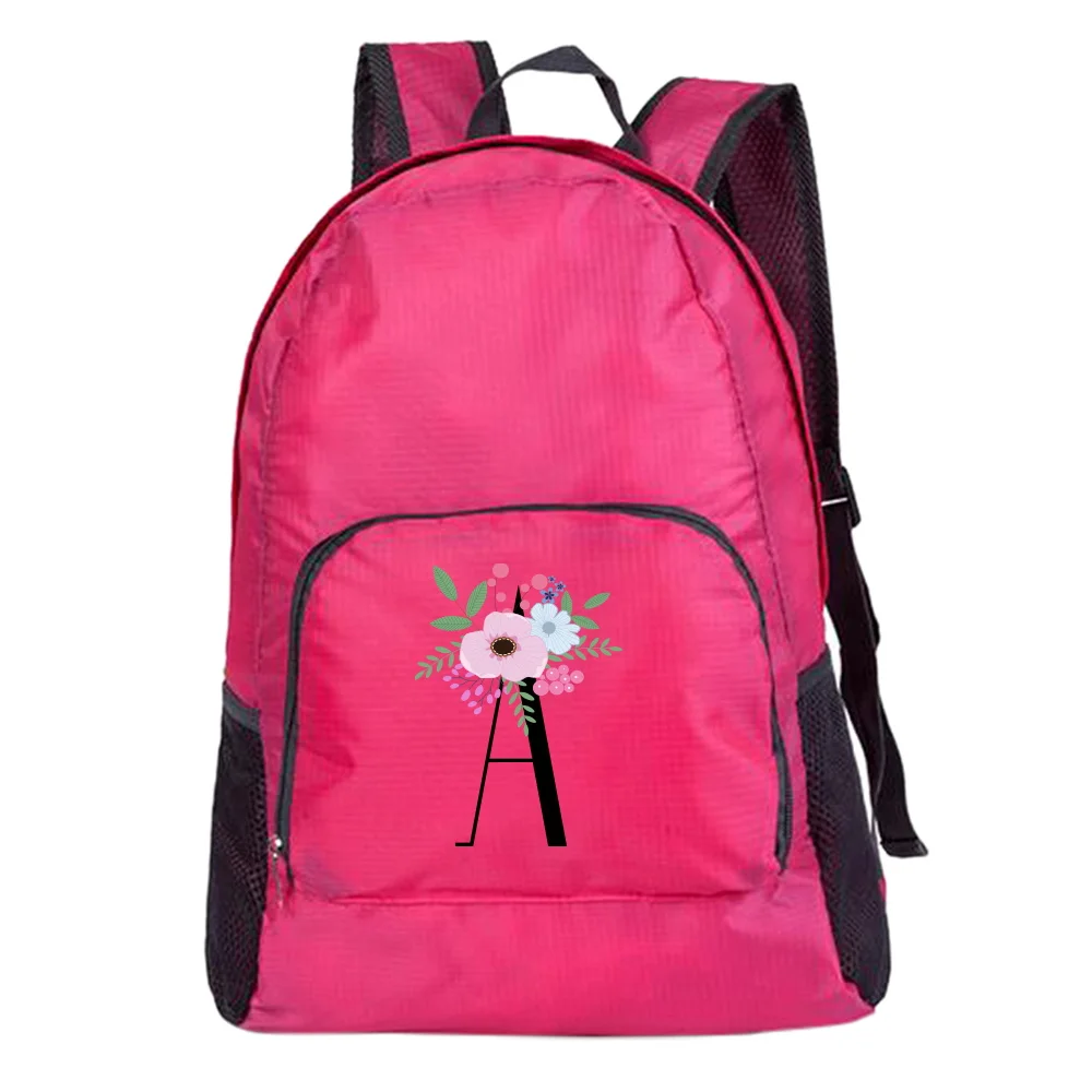 Light Folding Backpack Flower and Black Letter Print Foldable Ultralight Outdoor Backpack Travel Daypack Bag Pink Sports Daypack