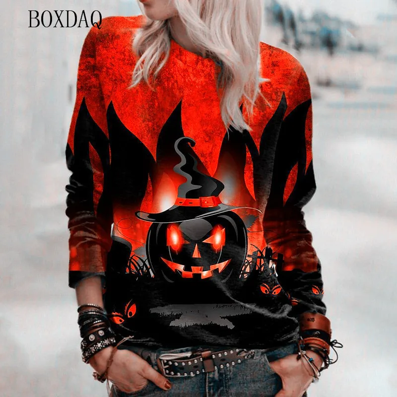 Horror Pumpkin Pattern Women Halloween T-Shirts Autumn Winter Long Sleeve 3d Print Street Ladies Tees 6XL Plus Size Casual Tops