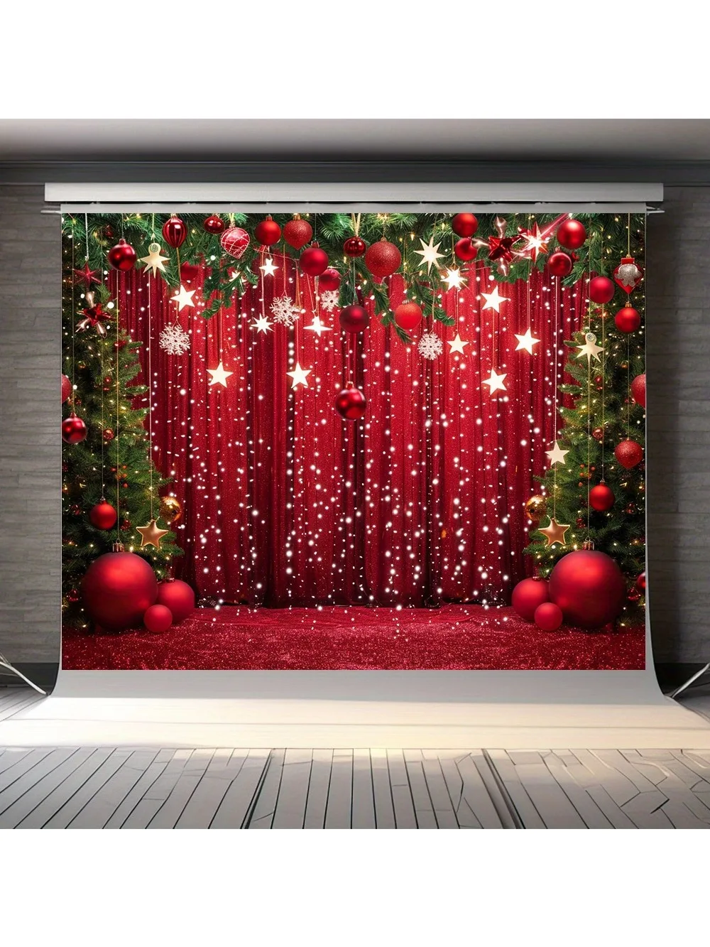 Merry Christmas and Happy New Year photo background - red snowflakes and Christmas ball theme, suitable for family gatherings