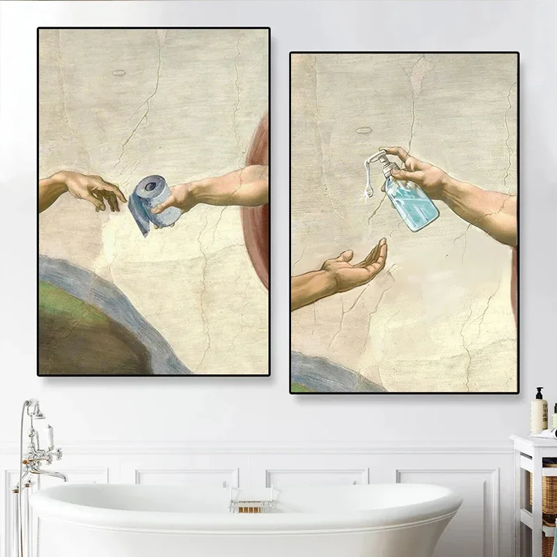 Hand of God and Adam Funny Toilet Paper Wash Room Bathroom Decor Wall Art Home Decoration Retro Picture Canvas Painting Poster
