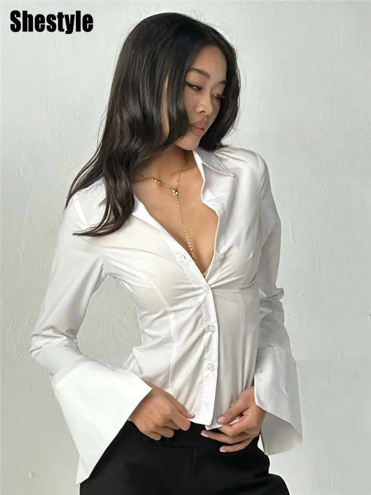 

Shestyle 2025 New Women Polo Shirt Button Up Slim Long Sleeve Elegant Office Lady White Blouse T-Shirts Casual All-Match Top