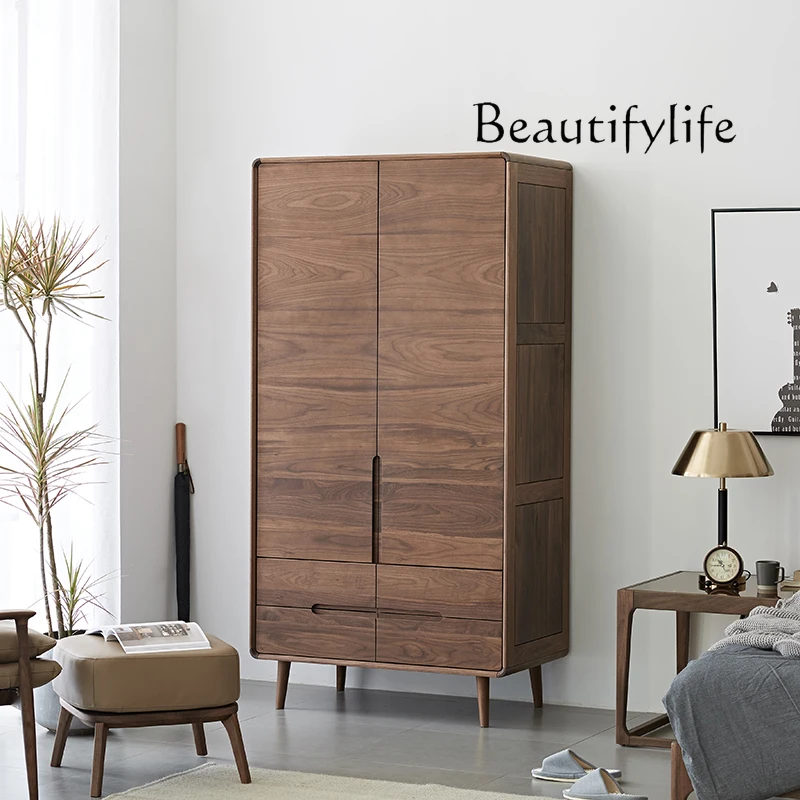 Nordic Retro Style Black Walnut Solid Wood Wardrobe Home Bedroom Simple Modern Double-Door Closet