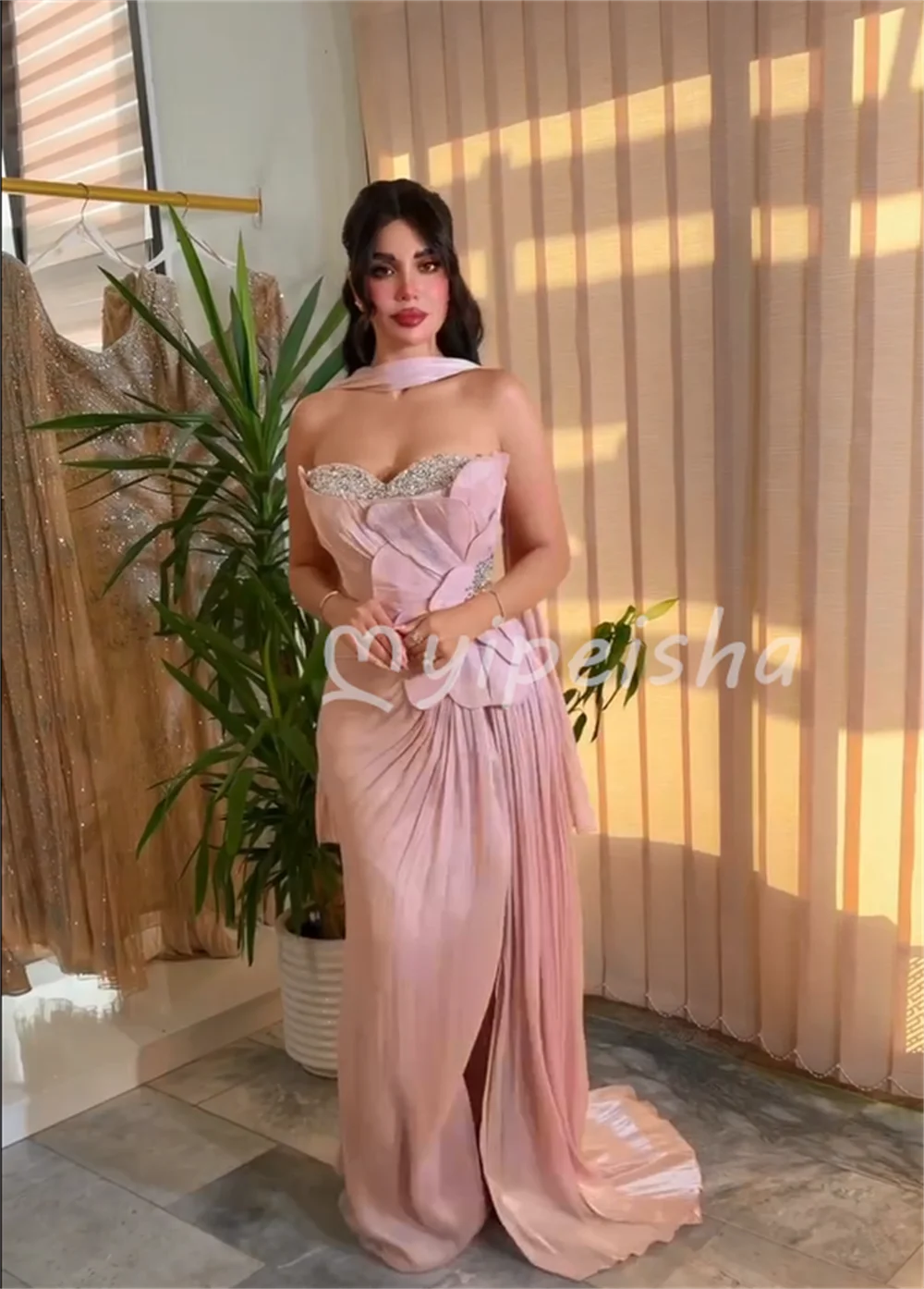 Pink Matching Sparkle Handmade Flower Draped Sequined Crystal Shawl Mermaid Strapless Floor-Length Evening Dresses Customized