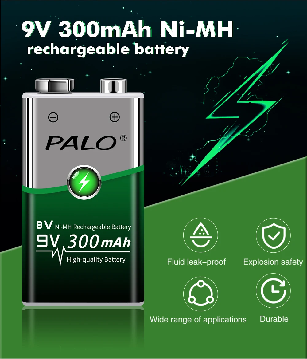 PALO 4Pcs 6F22 9V Ni-MH Rechargeable Battery 300mAh + 9 Volts Batteria Charger Pre-charge Batterie for Microphone Metal Detector