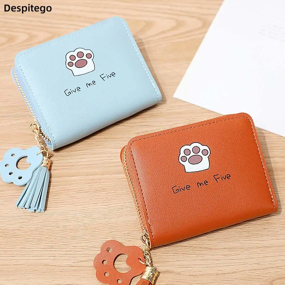 Elegant Mini Coin Purse Sweet Cat Claw Letter Tassel Purse Wallets For Women Casual PU Leather Zipper Money Bag Card Holders