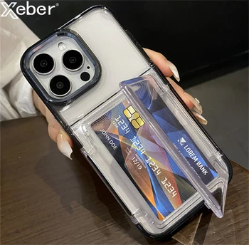 Lüks şeffaf kart yuvası tutucu cüzdan darbeye vaka iPhone 16 15 14 12 11 13 Pro Max 15 artı temizle sert akrilik kapak
